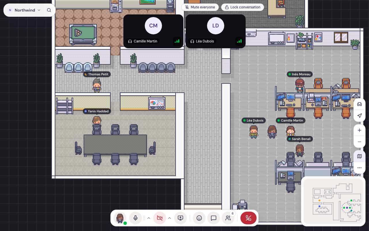 PixelBureau screenshot: six colleagues in the office, a call in progress, the minimap and the control bar
